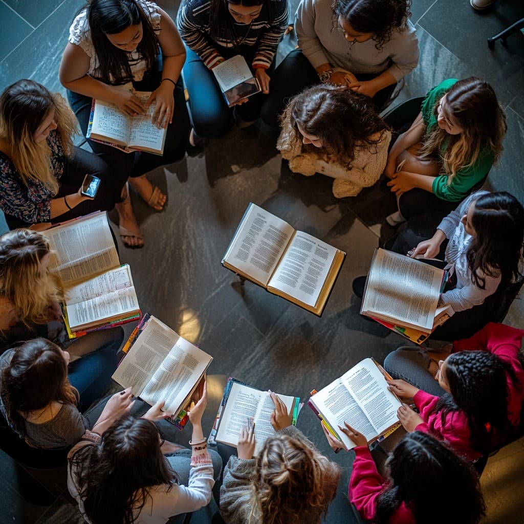 Women gathered in a circle reading and discussing books together